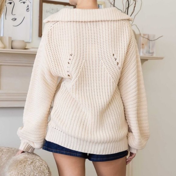 Knit Collar V-Neck Long Sleeve Sweater Cream - Picture 3 of 6
